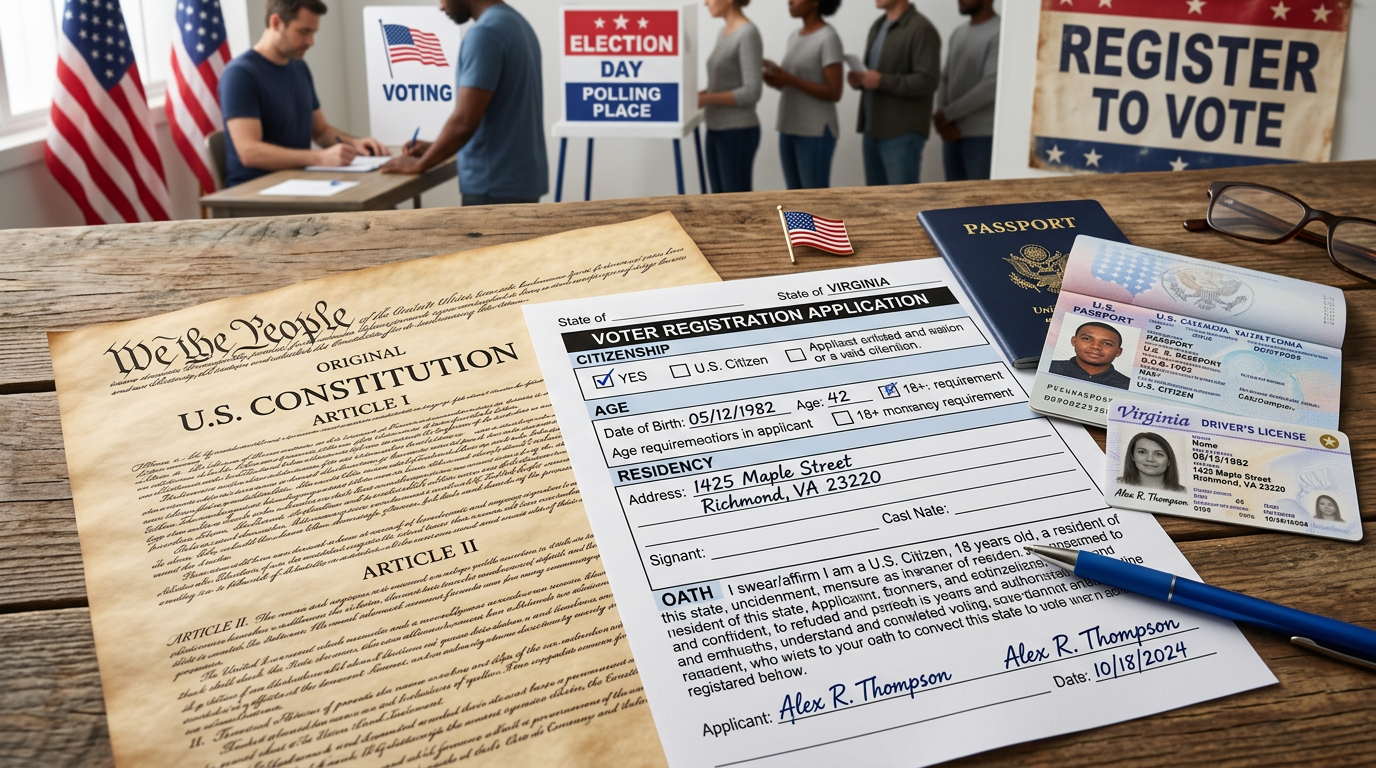Voter registration application beside identification documents and election signs